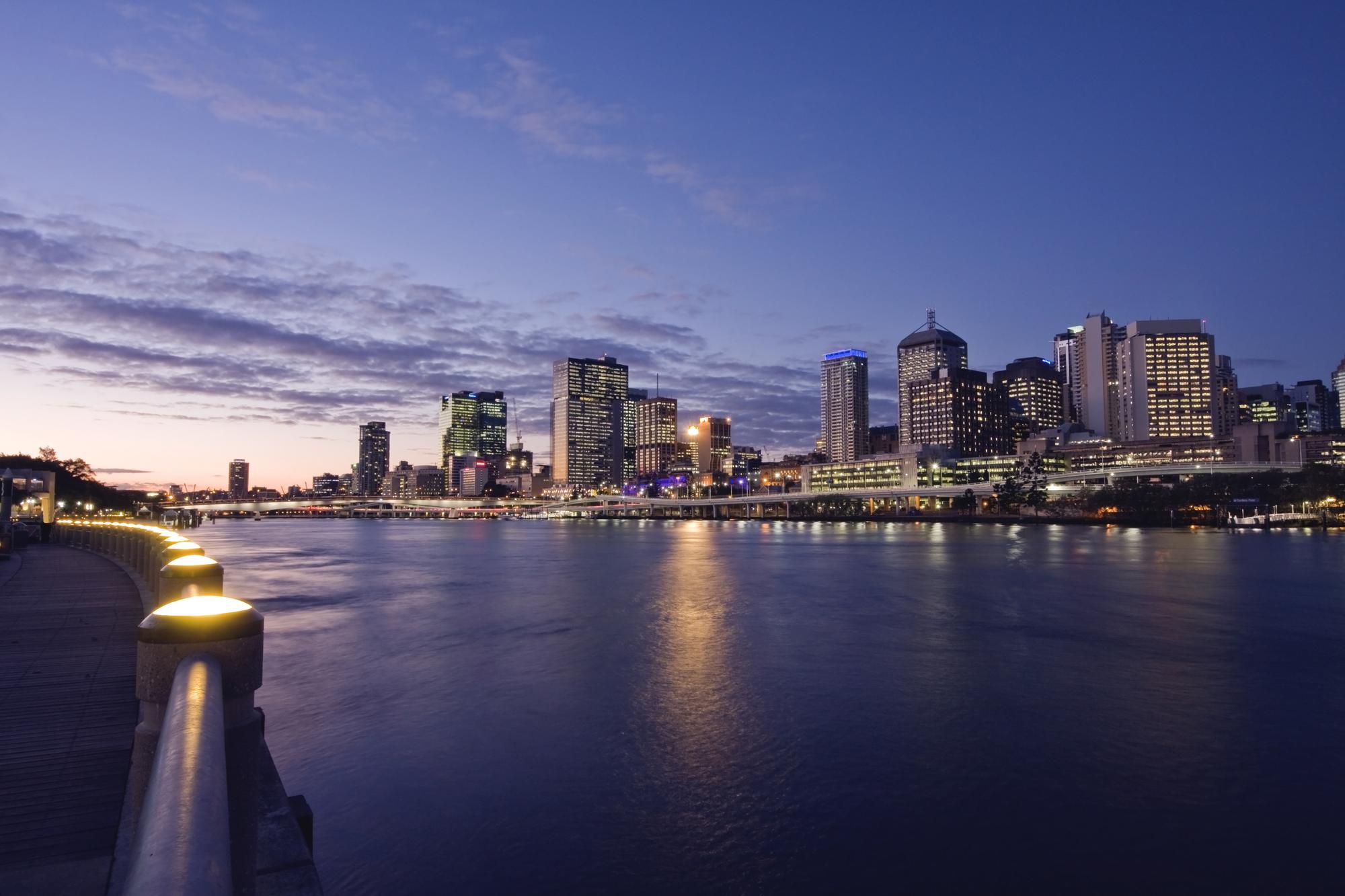 Brisbane city skyline and river at dusk